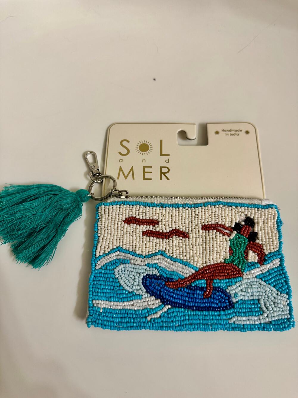 Sol & Mer Beaded Surfer Girl Coin Purse Mini Zipper Pouch Tassel Bag Charm NWT